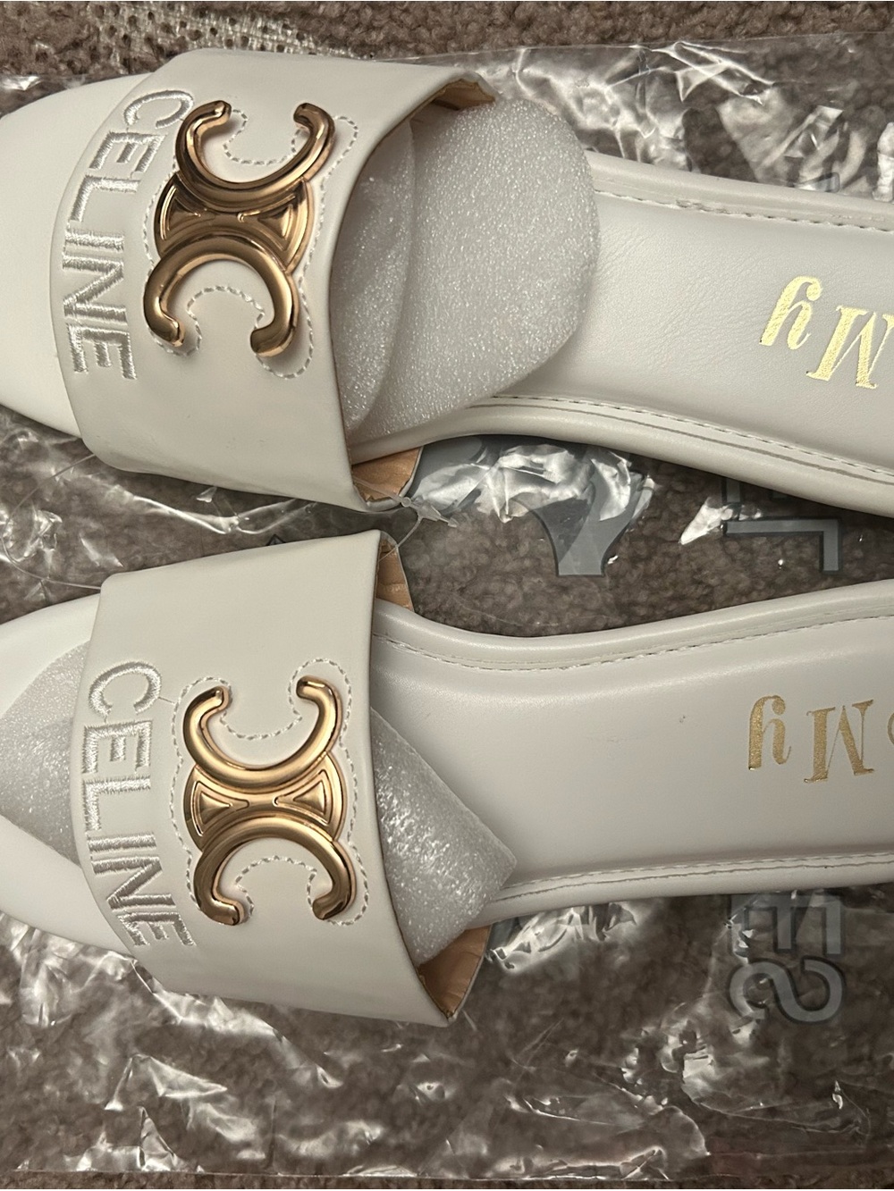 Celine White Leather Slide Mules with Gold Triomphe Accent